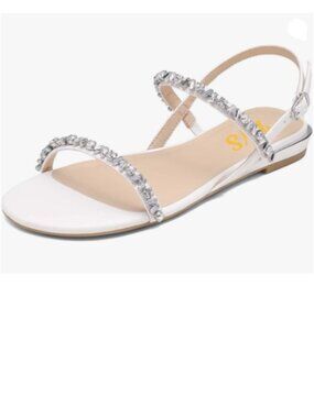 FYS White Open Toe Flat Sandals Sparkly Rhinestone Strappy Low Heels Buckle Shoe